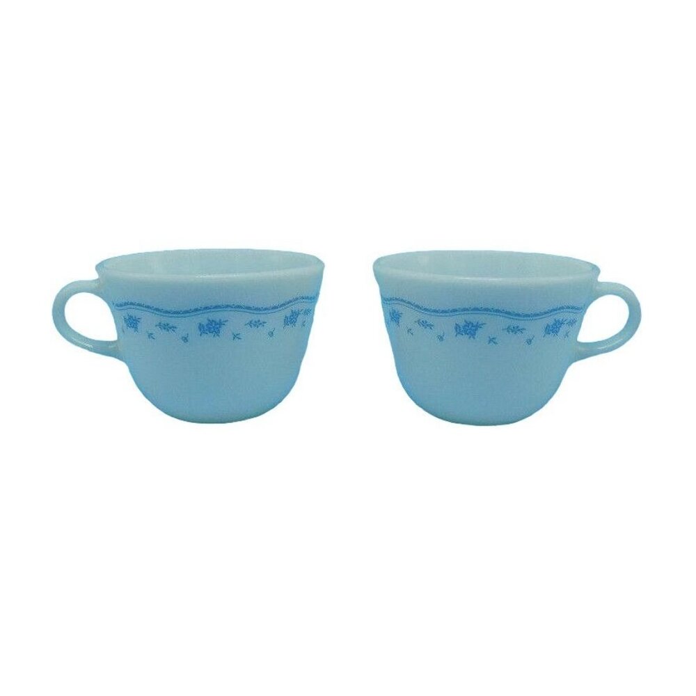 Pyrex Set Of 2 Vintage Coffee Mugs Cups Blue Floral Morning Design